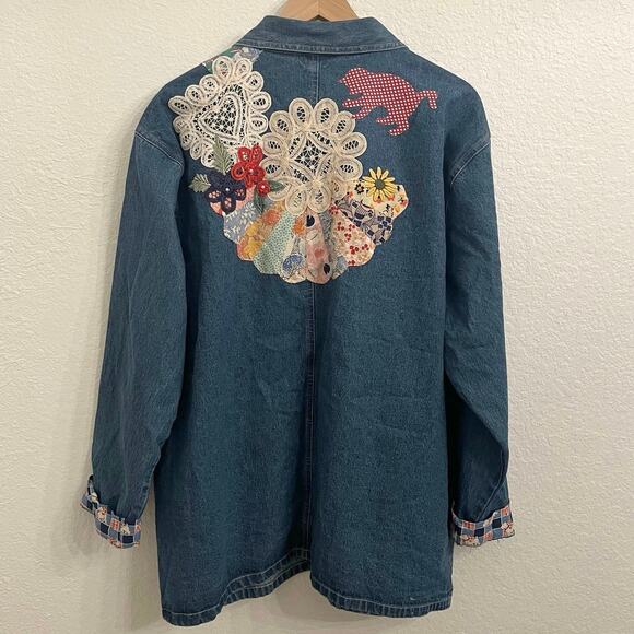 Vintage Handmade OOAK Denim Chore Shirt‎ Jacket XL Cottage Scottie Dog Grandma - Picture 2 of 16